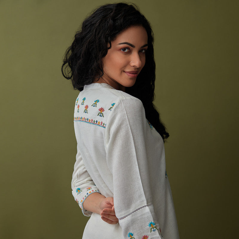 Linen White Co Ord Set for Women | Embroidered