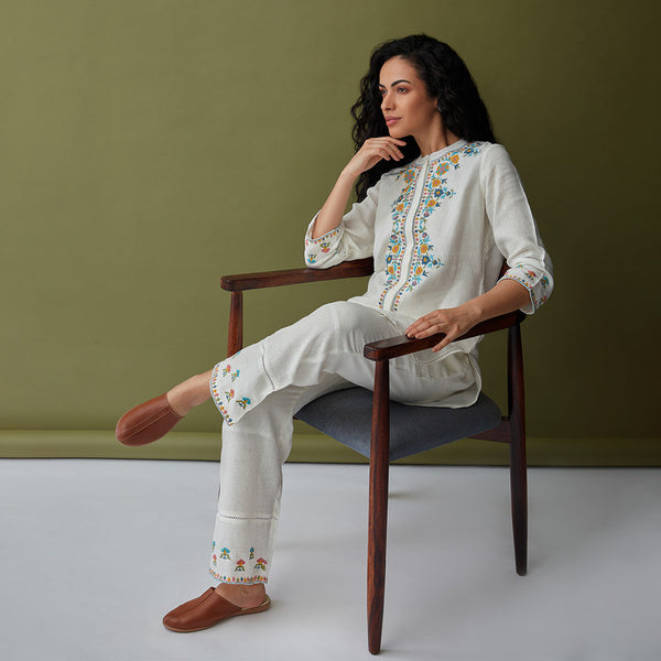 Linen White Co Ord Set for Women | Embroidered