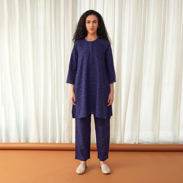 Cotton Flared Co Ord Set for Women | Cutwork | Navy Blue