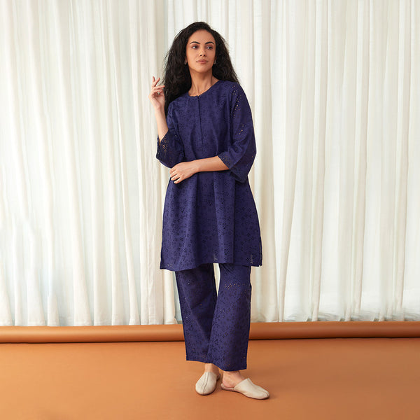 Cotton Flared Co Ord Set for Women | Cutwork | Navy Blue