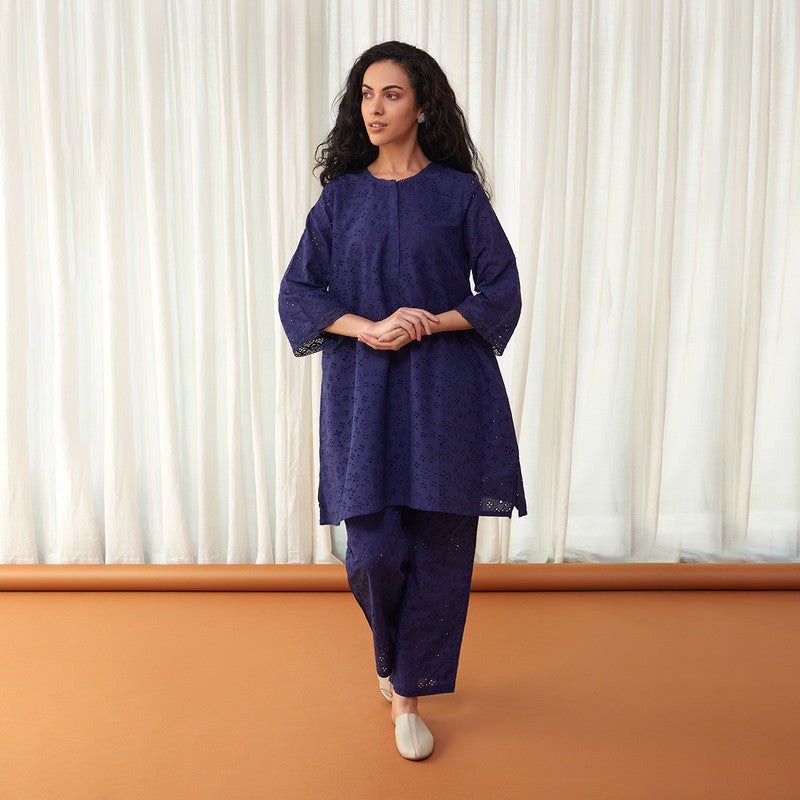 Cotton Flared Co Ord Set for Women | Cutwork | Navy Blue