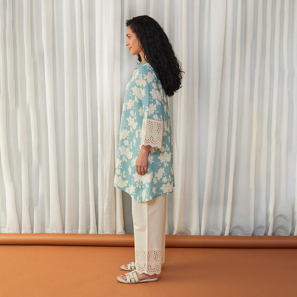 Tencel Linen Co Ord Set for Women | Cutwork | Aqua Blue