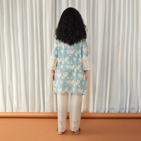 Tencel Linen Co Ord Set for Women | Cutwork | Aqua Blue