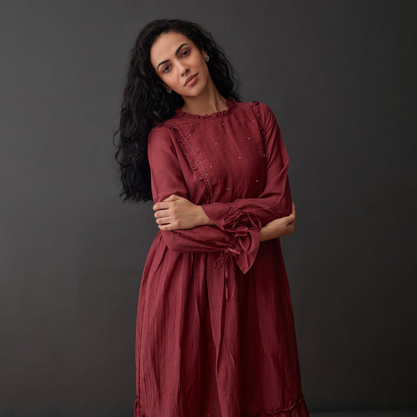 Midi Dress for Women | Crinkled Cupro Fabric | Red Plum