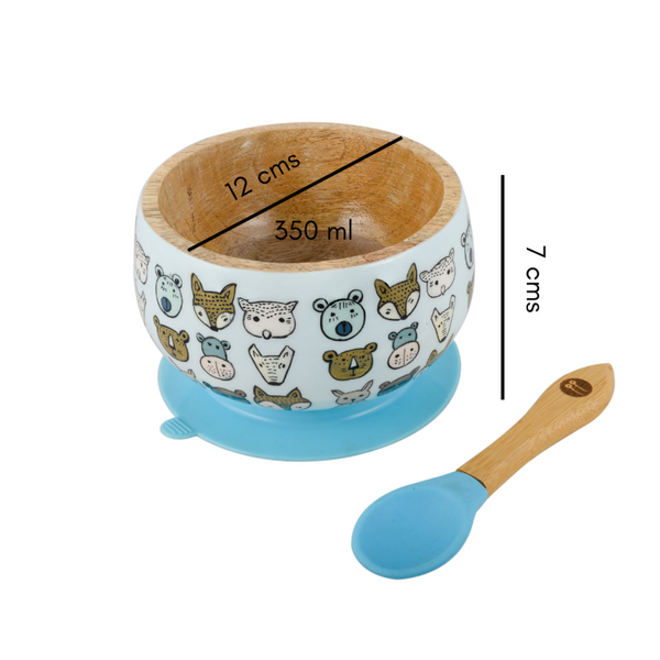 Wooden Bowl and Spoon Set for Kids | Blue | 350 ml