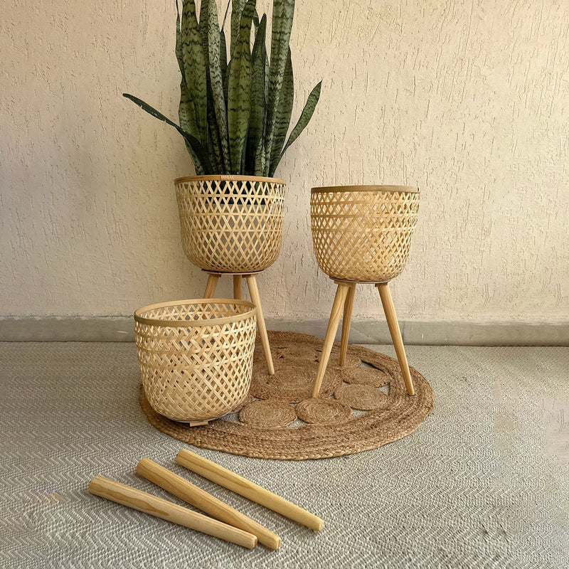 Bamboo Planter Pot | with Removable Legs | Beige