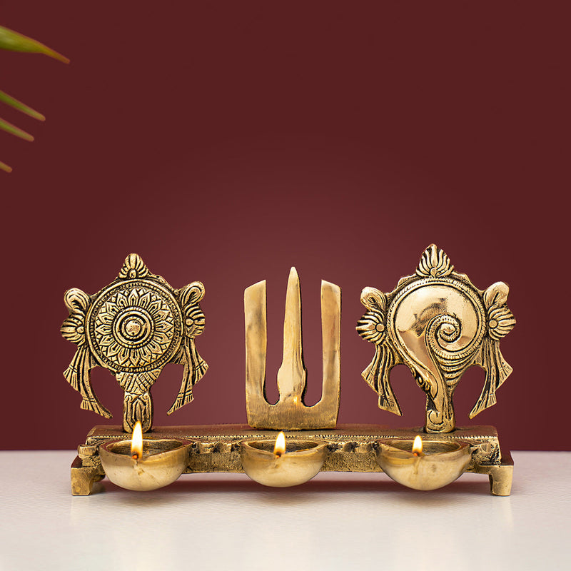 Brass Diya Stand | Shankh Chakra Design | Gold | 21 cm