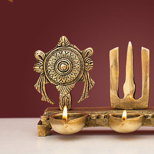 Brass Diya Stand | Shankh Chakra Design | Gold | 21 cm