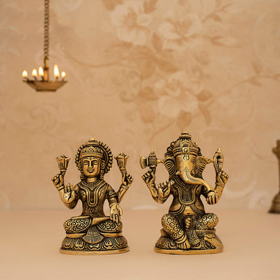 Brass Laxmi Ganesh Murti | Gold | 10 cm | Set of 2