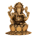 Brass Ganesh Idol | Sitting on Lotus | Gold | 12 cm