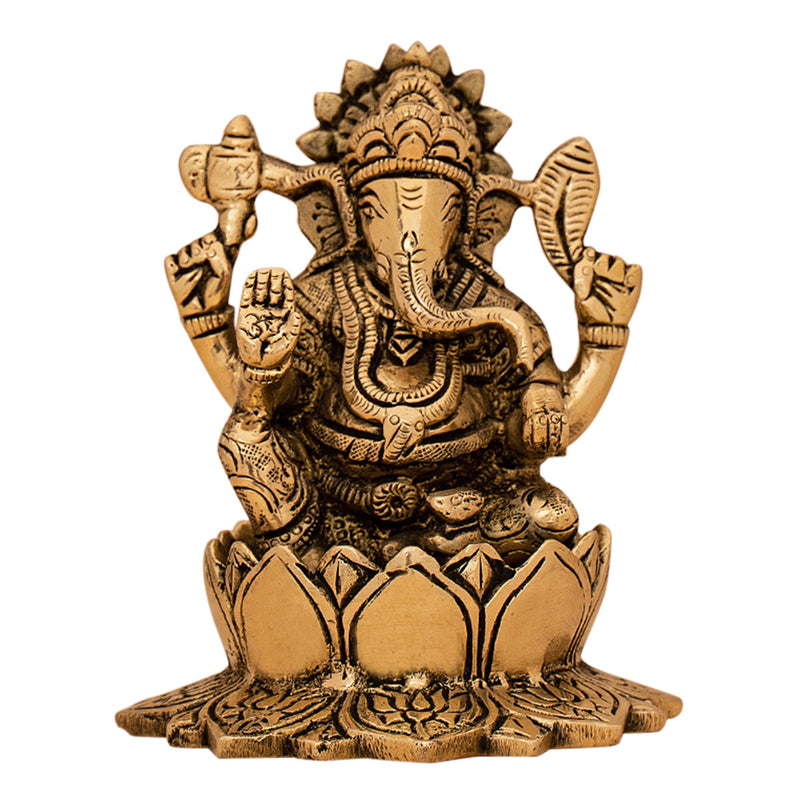 Brass Ganesh Idol | Sitting on Lotus | Gold | 12 cm