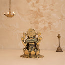 Brass Ganesh Idol | Sitting on Lotus | Gold | 12 cm