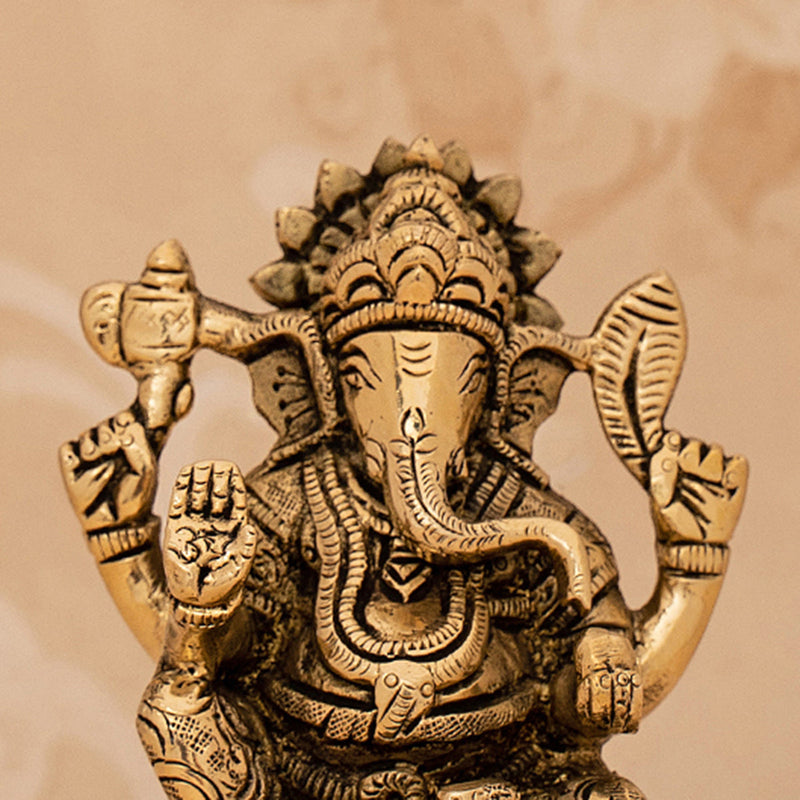 Brass Ganesh Idol | Sitting on Lotus | Gold | 12 cm