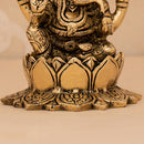 Brass Ganesh Idol | Sitting on Lotus | Gold | 12 cm