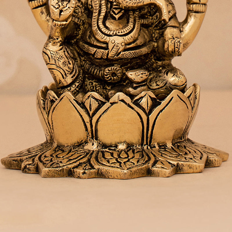 Brass Ganesh Idol | Sitting on Lotus | Gold | 12 cm