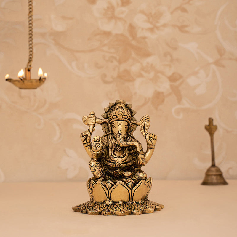 Brass Ganesh Idol | Sitting on Lotus | Gold | 12 cm