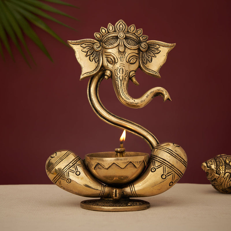 Brass Ganesh Idol | with Akhand Diya | Gold | 23 cm