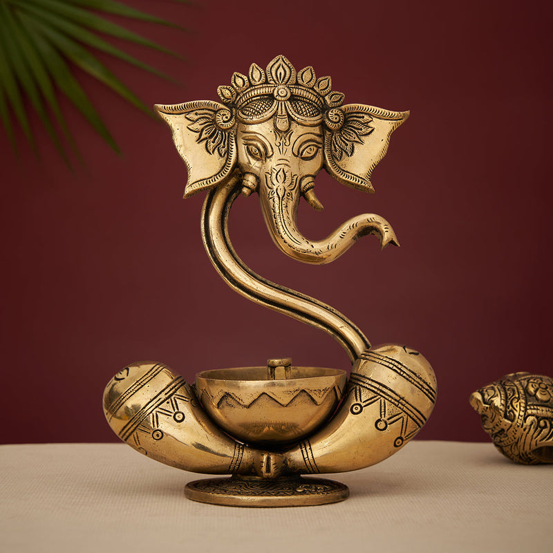 Brass Ganesh Idol | with Akhand Diya | Gold | 23 cm