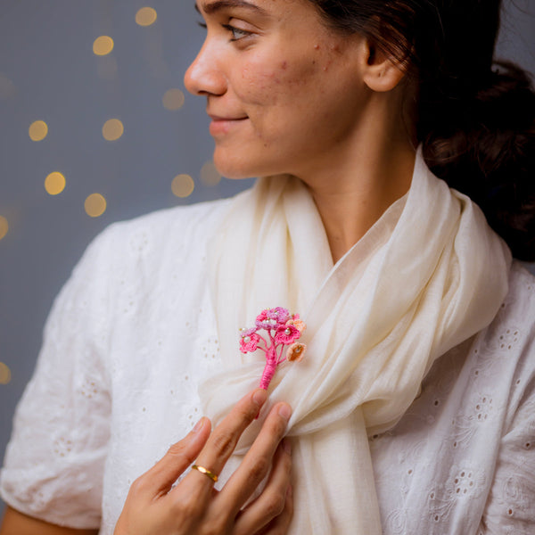 Crochet Brooch | Floral Pearl Bouquet | Pink