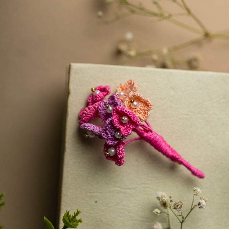 Crochet Brooch | Floral Pearl Bouquet | Pink