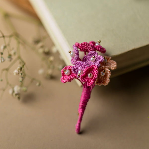 Crochet Brooch | Floral Pearl Bouquet | Pink