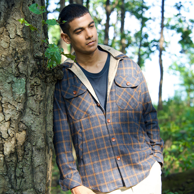 Woolen Overshirt for Men | Striped | Detachable Hood | Blue