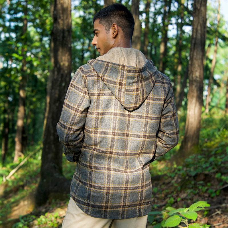Woolen Mens Overshirt | Striped | Detachable Hood | Slate Grey