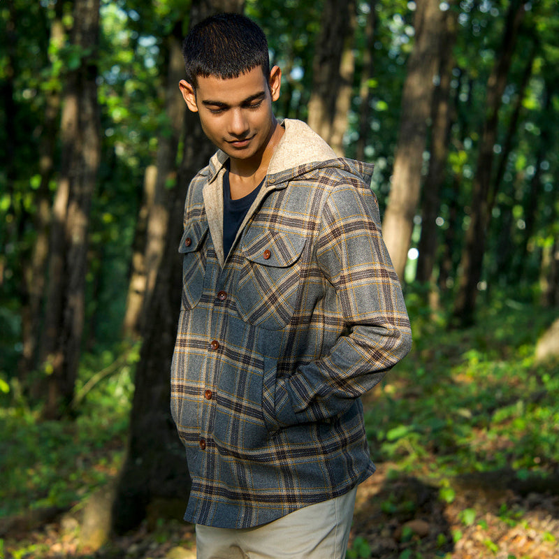 Woolen Mens Overshirt | Striped | Detachable Hood | Slate Grey