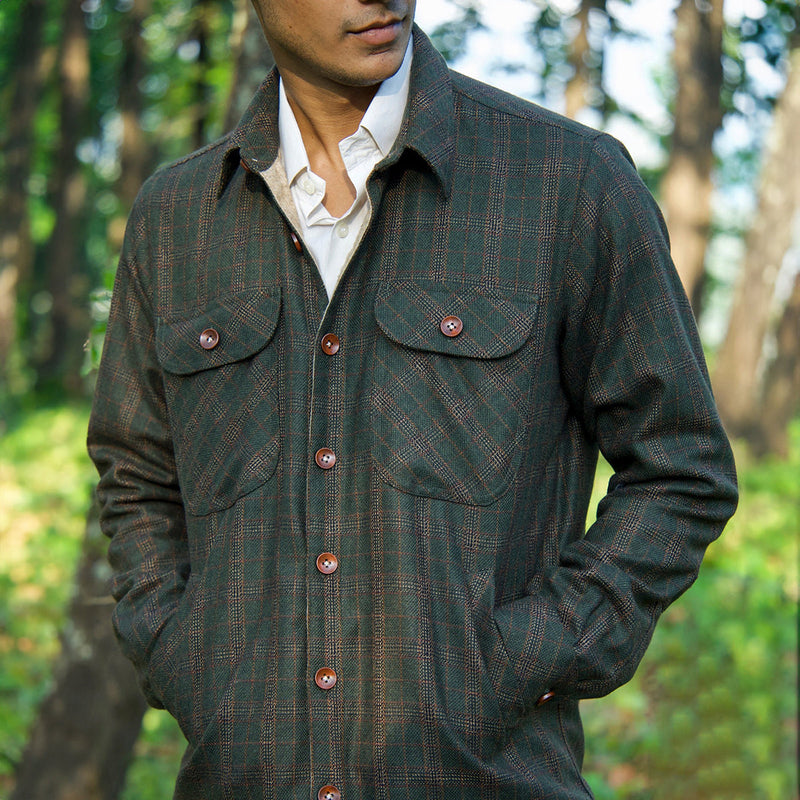 Woolen Overshirt for Men | Striped | Full Sleeves | Olive Green