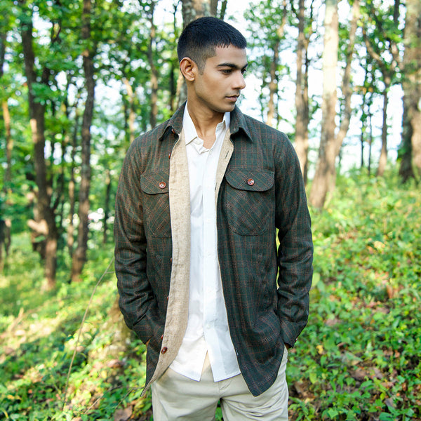 Woolen Overshirt for Men | Striped | Full Sleeves | Olive Green