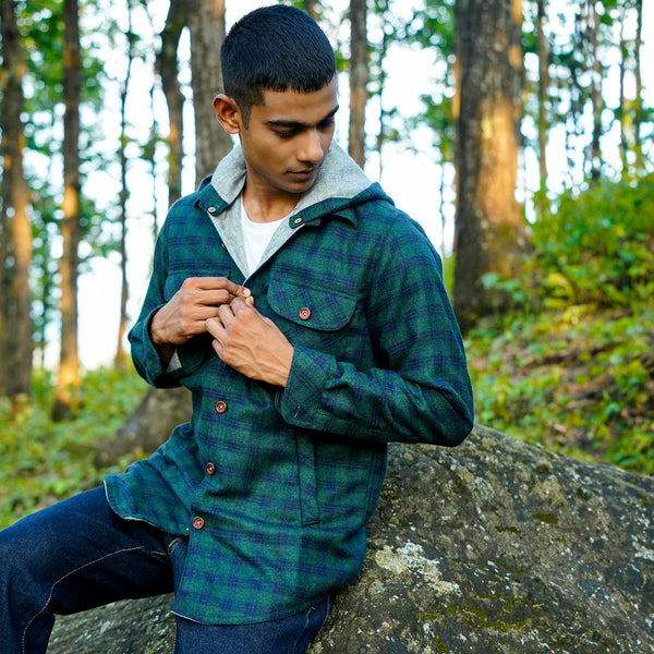 Woolen Overshirt for Men | Striped | Detachable Hood | Green