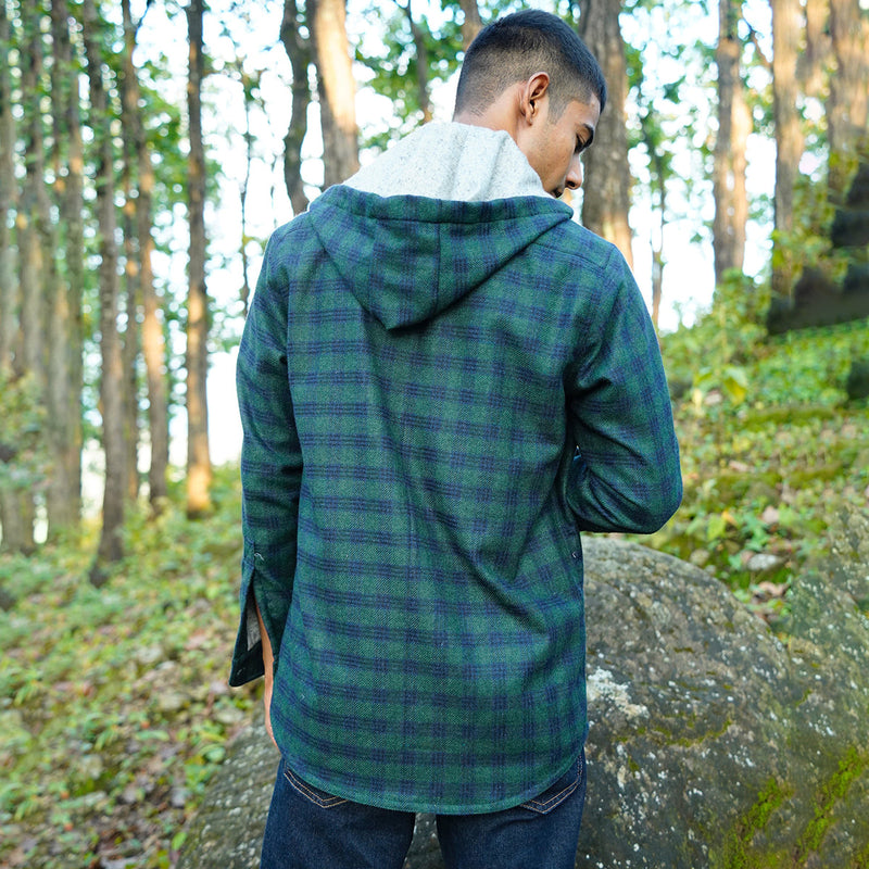 Woolen Overshirt for Men | Striped | Detachable Hood | Green