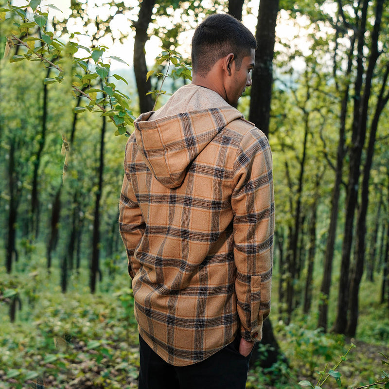 Woolen Overshirt for Men | Striped | Detachable Hood | Beige