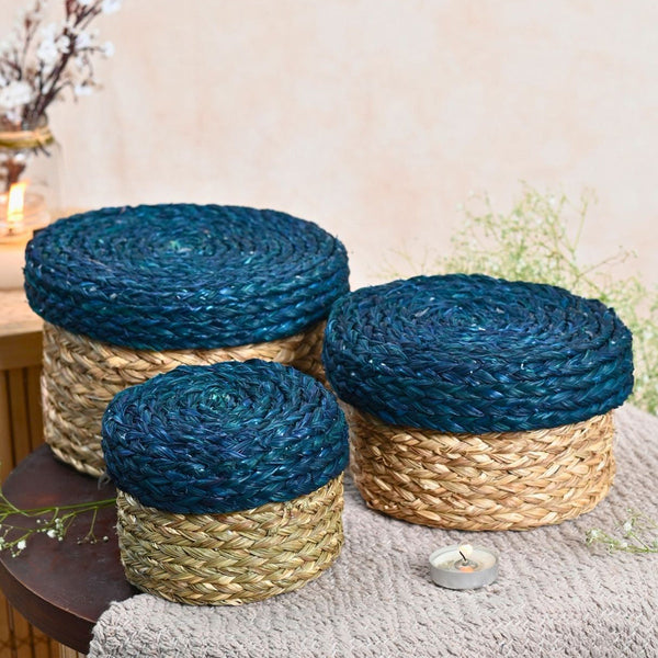 Sabai Grass Storage Boxes with Lid | Blue | 17 cm