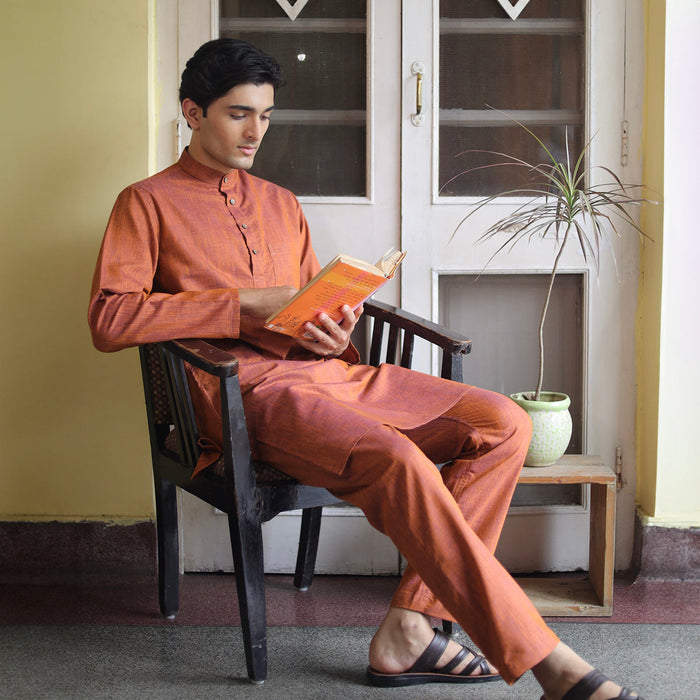 Cotton Linen Kurta Pajama For Men | Orange