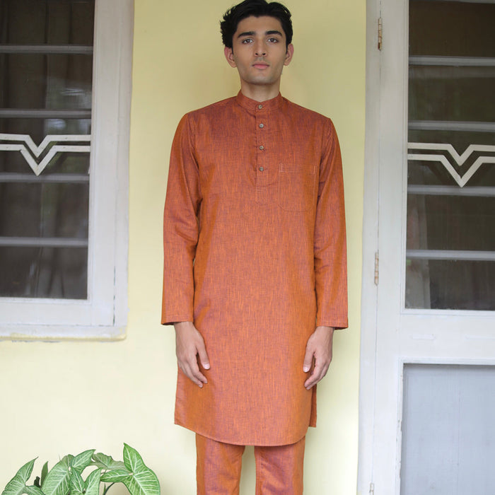 Cotton Linen Kurta Pajama For Men | Orange