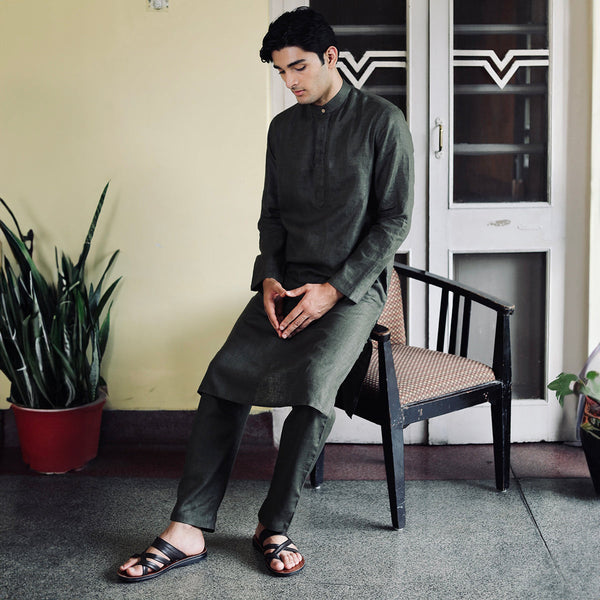 Linen Kurta Pajama For Men | Dark Green