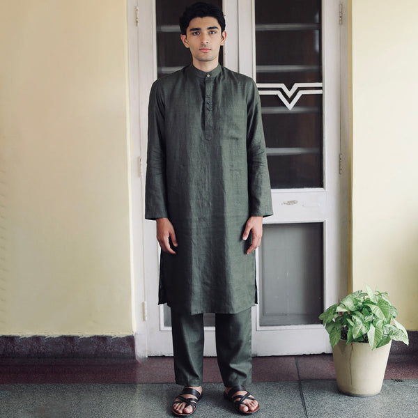 Linen Kurta Pajama For Men | Dark Green