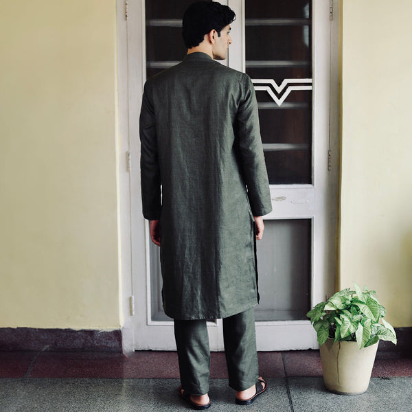 Linen Kurta Pajama For Men | Dark Green