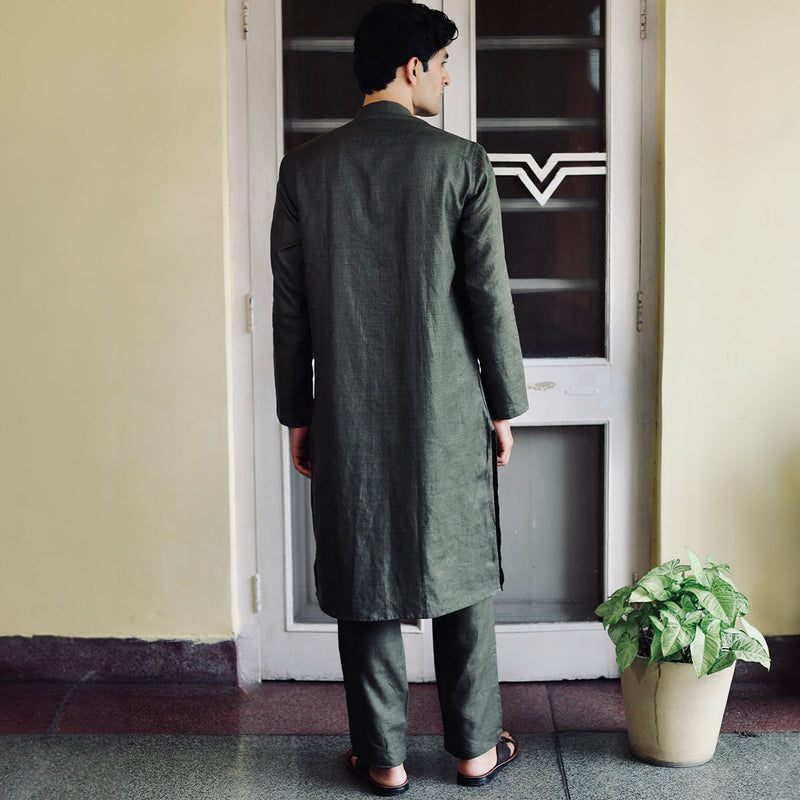 Linen Kurta Pajama For Men | Dark Green