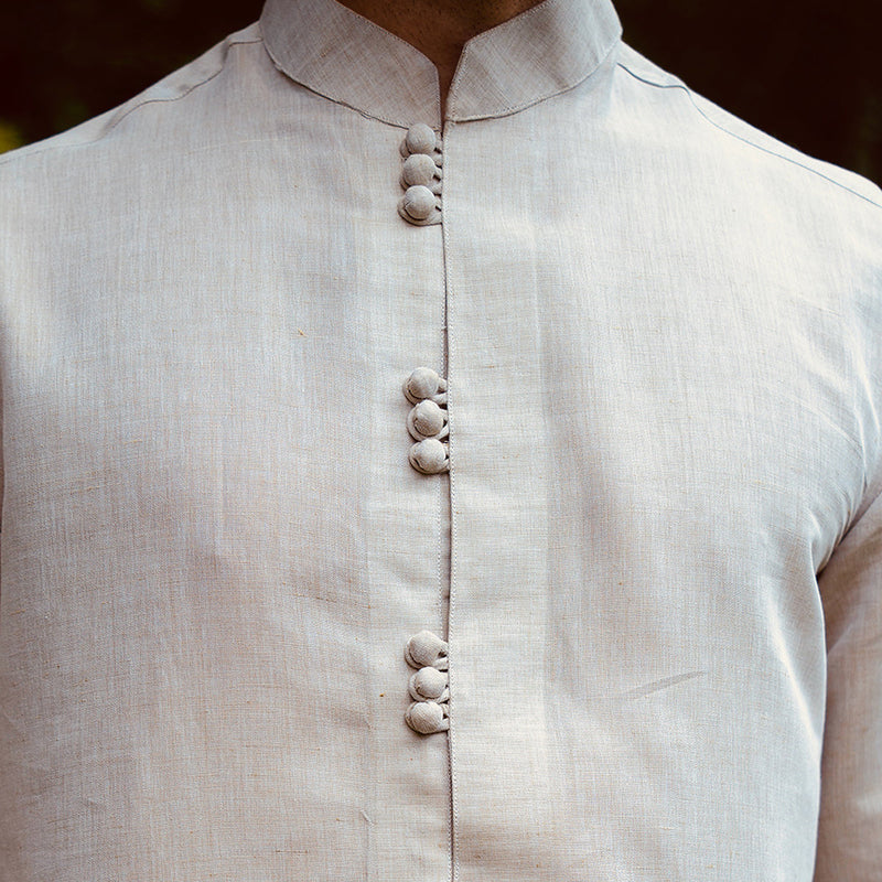 Cotton Linen Kurta Pyjama Set for Men | Full Sleeves | Beige