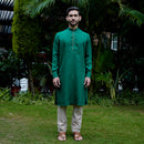 Linen Kurta Pyjama Set for Men |  Band Collar Neck | Green