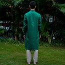 Linen Kurta Pyjama Set for Men |  Band Collar Neck | Green