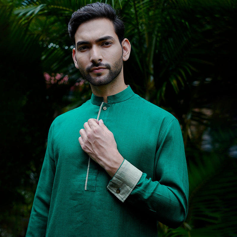 Linen Kurta Pyjama Set for Men |  Band Collar Neck | Green