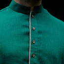 Linen Kurta Pyjama Set for Men |  Band Collar Neck | Green