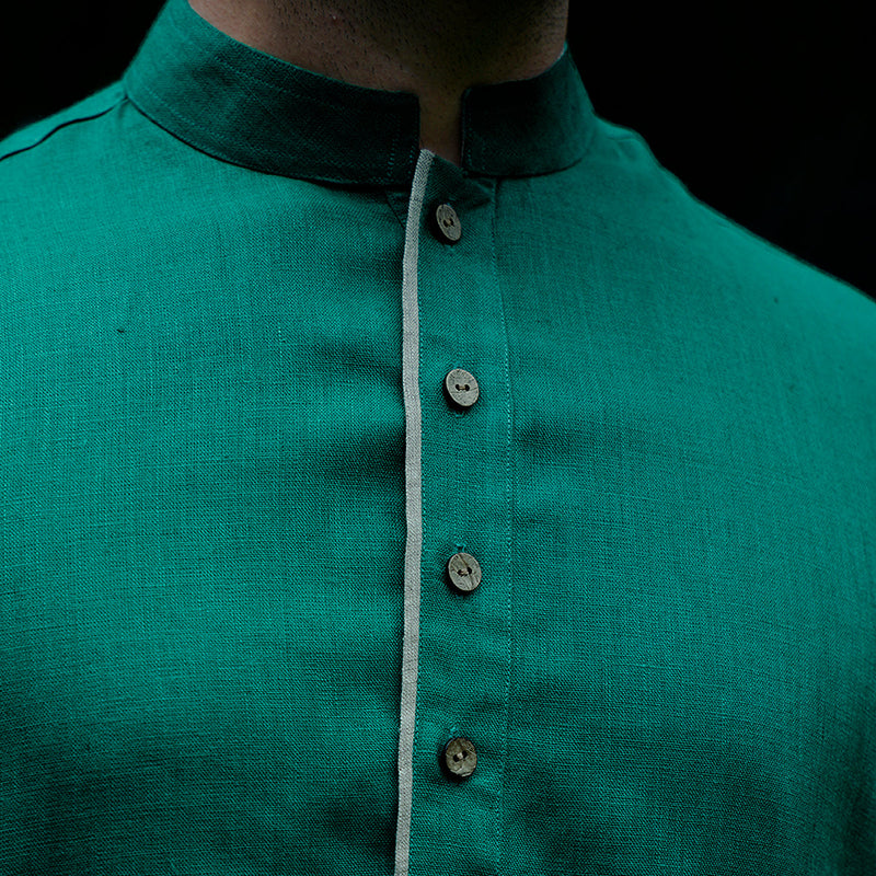Linen Kurta Pyjama Set for Men |  Band Collar Neck | Green