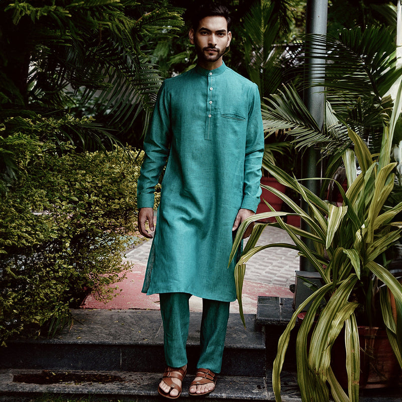 Linen Kurta Set for Men |  Full Sleeves | Pine Green