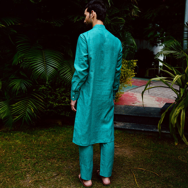 Linen Kurta Set for Men |  Full Sleeves | Pine Green