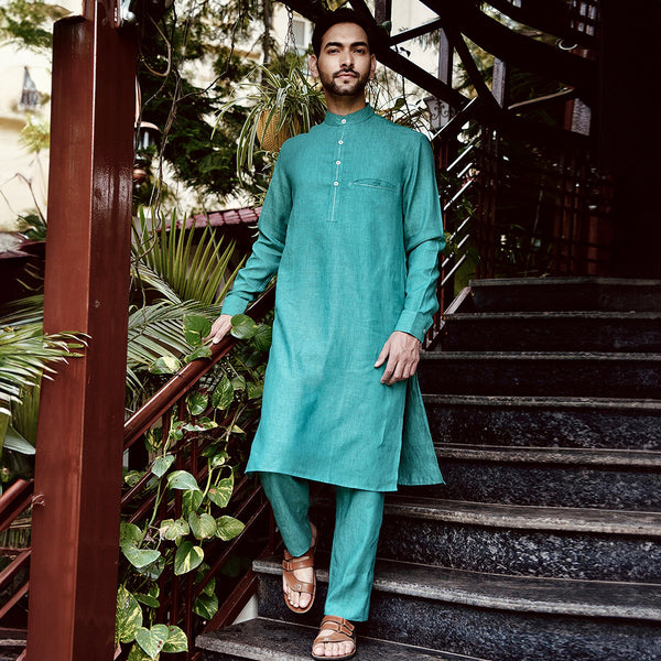 Linen Kurta Set for Men |  Full Sleeves | Pine Green