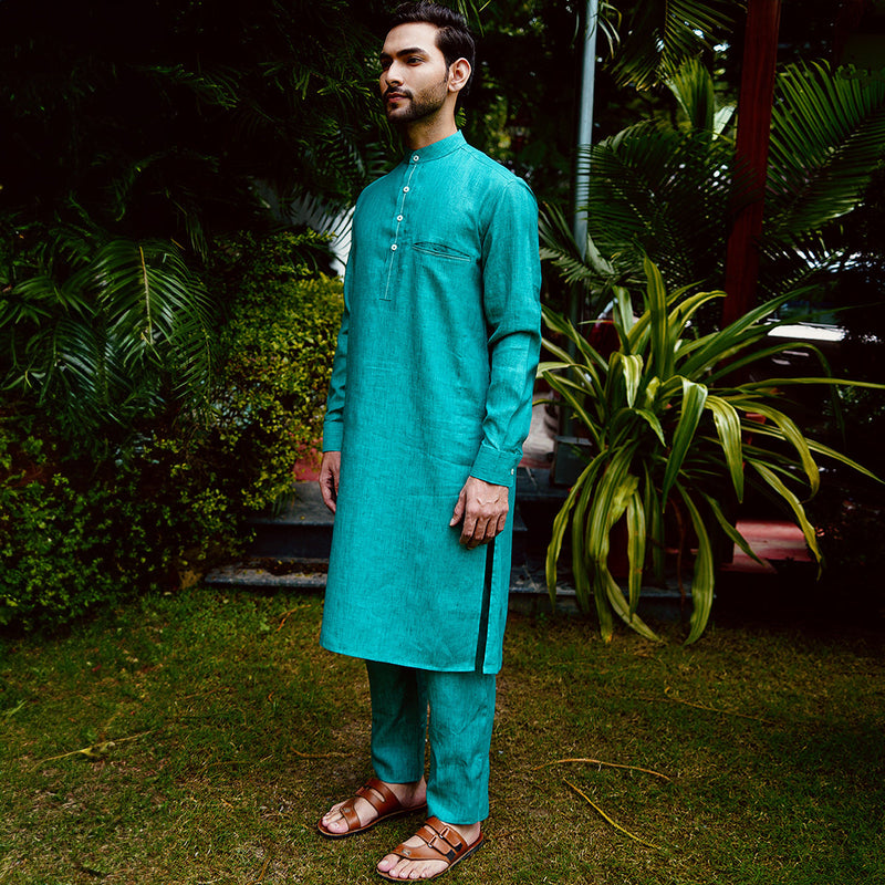 Linen Kurta Set for Men |  Full Sleeves | Pine Green